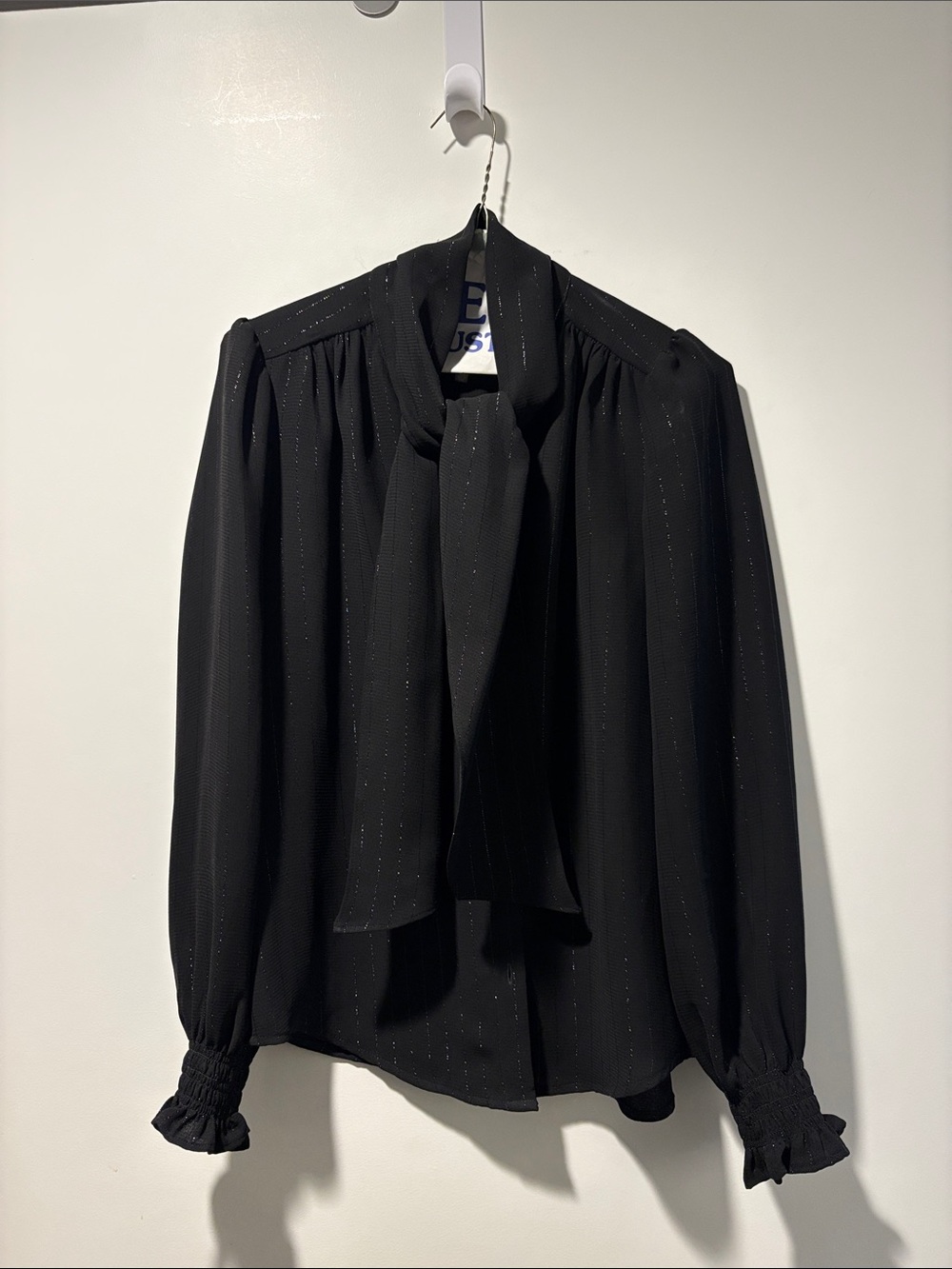 Karl Lagerfeld Black Long-Sleeve Tie-Neck Blouse with Metallic Stripe Detail